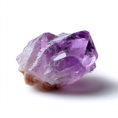 A small, perfectly formed purple crystal e.g., amethyst, isolated on a pure white background. Mineral, spiritual.