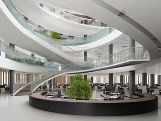 Fototapeta premium Modern Office Building Interior with Multi-Level Open Design