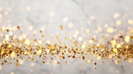 Glittering gold dust particles on a soft grey background bokeh
