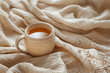Minimalistic flat lay of a ceramic mug with herbal tea on beige linen fabric