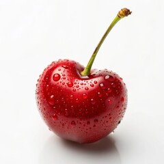 Single Red Cherry with Water Droplets isolated on White Background