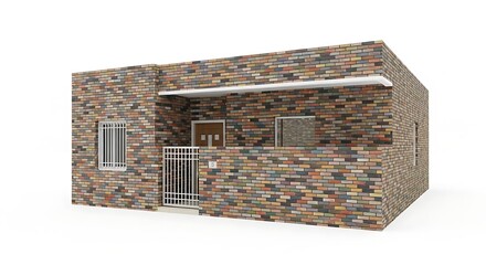 Cozy Brick House: A charming small brick house showcases a welcoming facade, featuring a simple porch and a secure metal gate, representing a comfortable home.