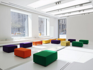 Modern Minimalist Lounge Area with Colorful Cube Seating 