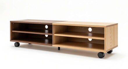 TV stand in a modern living room:A contemporary TV stand, sleek design featuring two distinct wooden compartments, provides both style and functionality in a modern living space.