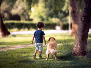child playing with his cute dog in a park