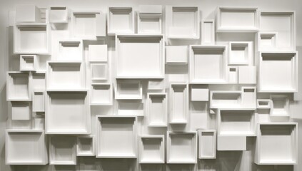Abstract wall sculpture featuring various sized, empty, white frames of varied depths mounted closely together in an asymmetrical grid
