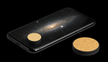 Smartphone displaying a galaxy with a round, cork-like object adhered to the back and another beside it on a black background, creating a sense of space and technology