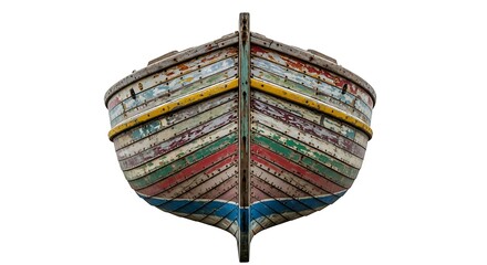 Weathered Rowboat: A weathered, colorful rowboat, exhibiting age and character, poised against the stark backdrop, its details speaking of journeys undertaken and stories untold. 
