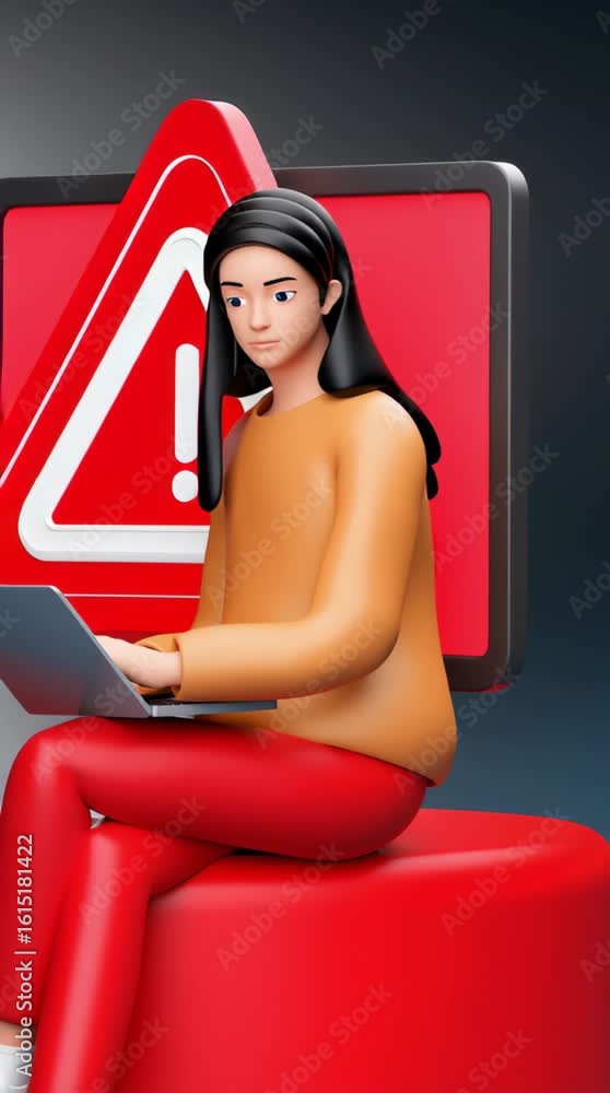 Poster a woman is sitting in front of a computer with a red warning sign on the screen. the sign has a tria