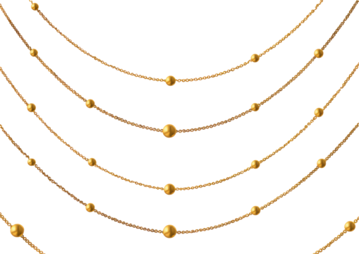 Gold chains with decorative beads, layered in a necklace pattern against a black background