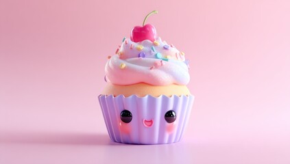 Kawaii Cupcake. A cute cupcake with a pink cherry on top, pastel frosting, and colorful sprinkles. It has cartoon eyes and a smiling mouth on a lilac cupcake liner, set against a soft pink background