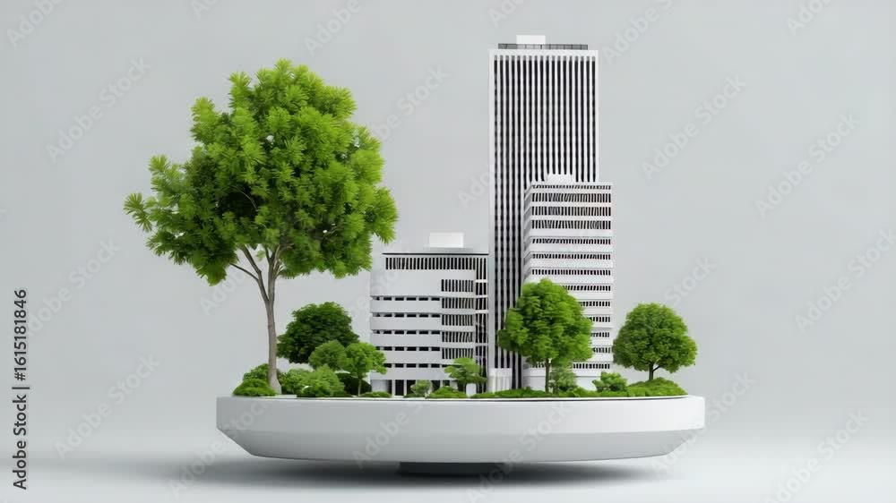 Poster a cityscape with a tree in the middle of it. the tree is surrounded by buildings and he is in a bowl
