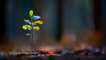 Young tree seedling illuminated by sunlight, growing in a forest bed of fallen leaves. Soft bokeh background blurs the trees behind, creating depth