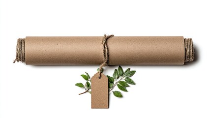Rolled kraft paper scroll tied with twine and a tag, adorned with fresh green leaves. Isolated on a white backdrop, simple presentation