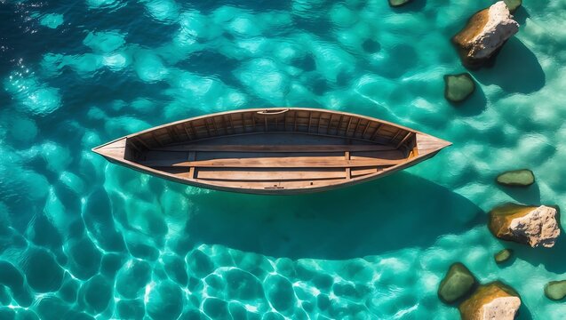 Serene wooden canoe floats gently on crystal clear turquoise water with rocky shoreline