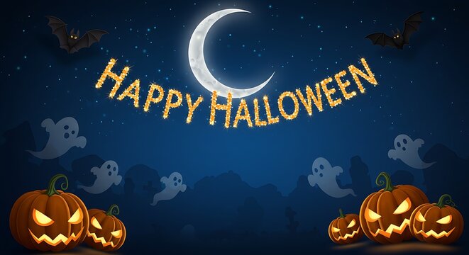 Spooky halloween night with glowing pumpkins and crescent moon - Powered by Adobe