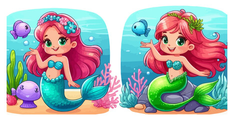 Naklejka premium Art of two cartoon mermaids with fish