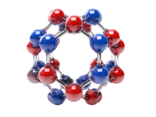 Complex molecule,  red and blue atoms,  symmetrical ring structure