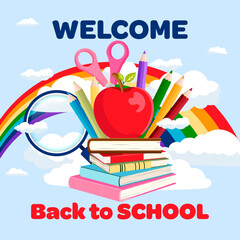 Poster Back to school with an apple, books, crayons, scissors, a magnifying glass, a rainbow, and clouds on a blue background in a flat vector style