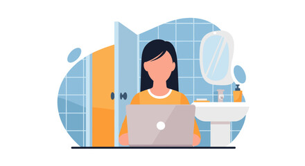 Woman working on laptop in bathroom, perfect for articles about remote work, work-life balance, or modern lifestyle.