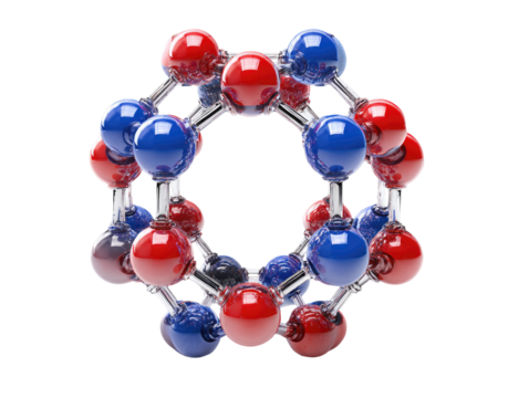 Complex molecule,  red and blue atoms,  symmetrical ring structure