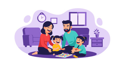Happy family playing a board game together at home. Perfect for family blogs, parenting websites, or children's product advertising.