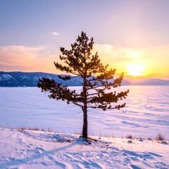 A lone pine tree on a snowy shore at sunset