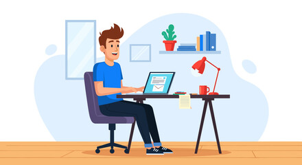 Young man working from home, using laptop, perfect for websites or blogs about remote work, freelance, or online business.