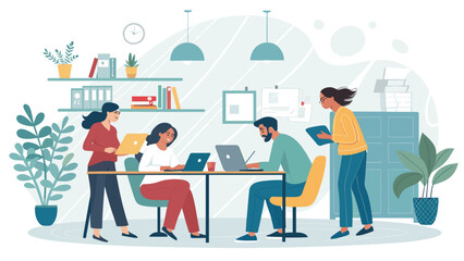 Diverse team collaborating in a modern office, ideal for website landing pages or brochures showcasing teamwork and productivity.