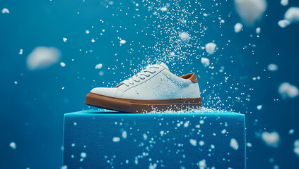 White sneakers with brown soles, placed on a blue rectangular podium made of foam and covered with fine white particles floating around the shoe (1)