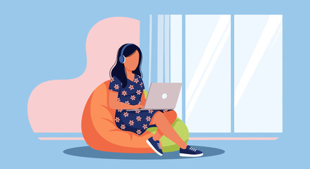 Young woman working from home on laptop, wearing headphones. Perfect for blog posts, website banners, and social media.