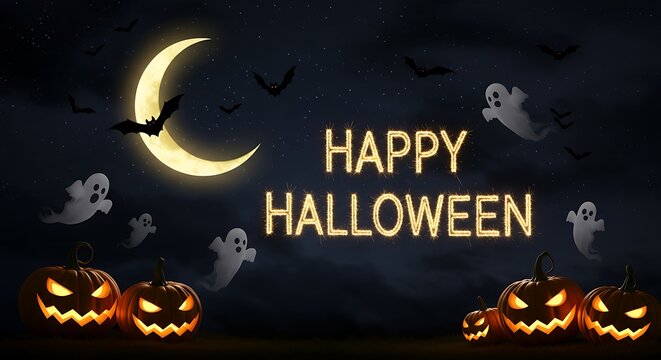 Spooky halloween night with glowing pumpkins and a crescent moon