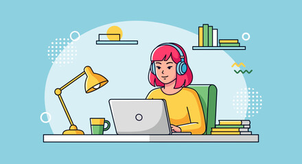 Young woman working from home on laptop, perfect for blog posts about remote work or online learning.