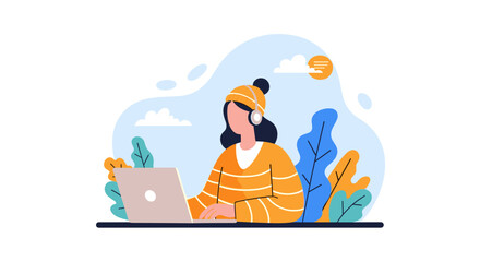 Woman using laptop with headphones, perfect for website banners, blogs or social media posts about remote work, communication or customer service.