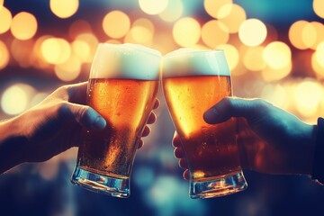 Two hands toasting with golden beer glasses against beautiful bokeh lights background. Oktoberfest concept.