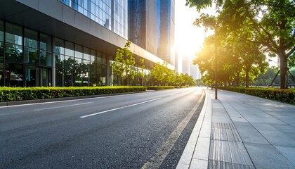 Sunlit city street scene with modern buildings and green landscaping