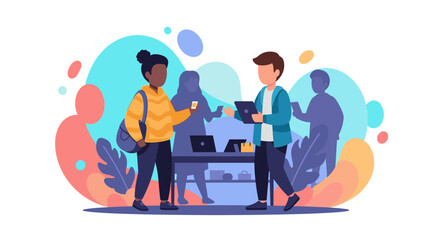 Diverse young people interacting with technology at a modern tech expo or startup event. Ideal for websites, brochures, and marketing materials.