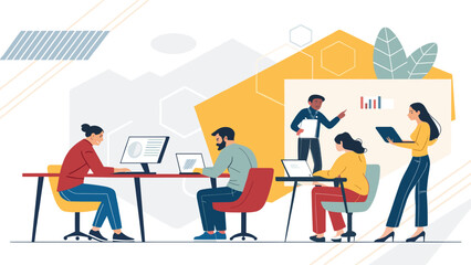 Diverse team collaborating on a project, perfect for illustrating teamwork and modern workplace concepts.