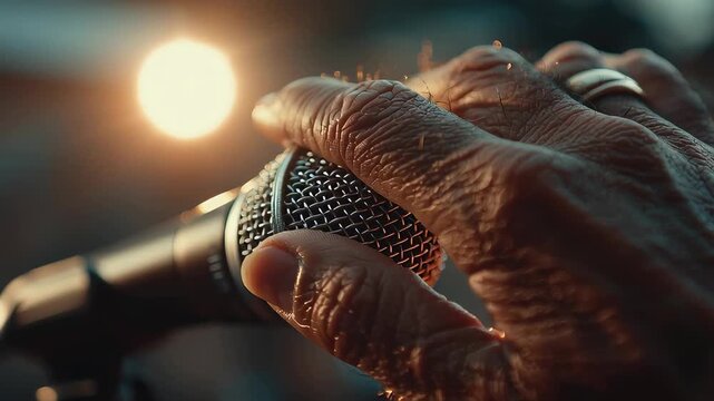 Elderly male hand checking microphone before performance, warm cinematic lighting with emotional atmosphere, stage preparation video for concerts, storytelling, or event promotions