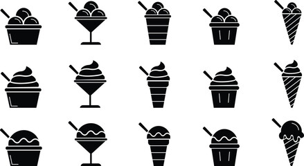 Ice cream silhouette icon set. Ice cream icon clip art collection in cone, cup, popsicle stick and glass. Vector elements for minimal summer design, sweet snack illustration or logo.