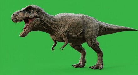 Realistic tyrannosaurus rex rendering posing dramatically against a vibrant green screen backdrop