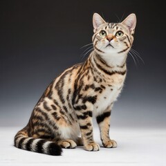 Obraz premium Bengal Cat's Gaze: A striking Bengal cat showcases its distinctive marbled coat and intense gaze, as it sits elegantly. capturing its graceful posture and beautiful features.