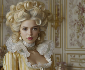 Woman in authentic eighteenth century french aristocratic costume with elaborate powdered blonde wig wearing striped silk gown with lace collar and pearl jewelry in ornate baroque palace interior.