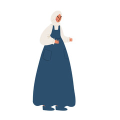 Illustration of a Muslim girl in sundress and hijab, smiling calmly. Flat vector illustration.