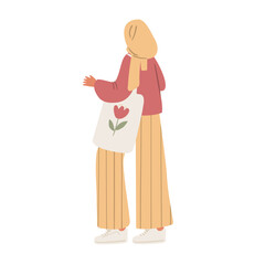 Illustration of a young Muslim woman in trousers and hijab, standing calmly. Flat vector illustration.