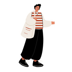 Illustration of a young Muslim man with shoulder bag in everyday outfit. Flat vector illustration.