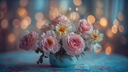 Floral arrangement with pink roses and white daisies in a delicate blue vase, set on a floral tablecloth against a bokeh light background