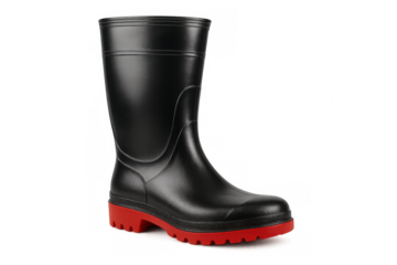 Black rubber work boots featuring contrasting red sole, offering industrial protection and durability for demanding workplace settings