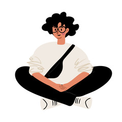 Illustration of a young Muslim man in glasses and head covering, standing still. Flat vector illustration.