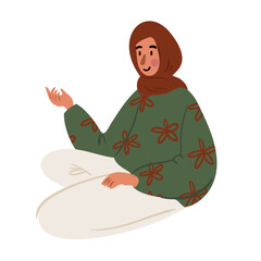 Illustration of a young Muslim woman in sweater and hijab sitting. Flat vector illustration.